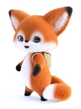 3D rendering of a kawaii cartoon fox wearing backpack. Stock Illustration