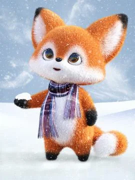 3D rendering of a kawaii cartoon fox in snow. Stock Illustration