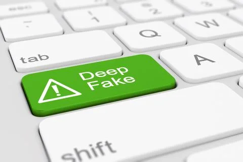 3d rendering of a keyboard and a green key and the message deep fake. Illustrazione stock