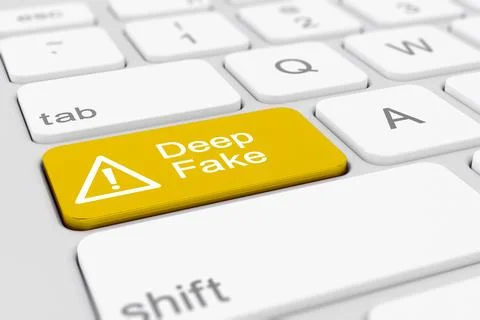 3d rendering of a keyboard and a yellow key and the message deep fake. 스톡 일러스트