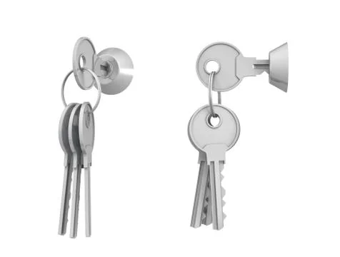 3d rendering of keylocks with keys in side view and 45 degrees view with one key Illustration