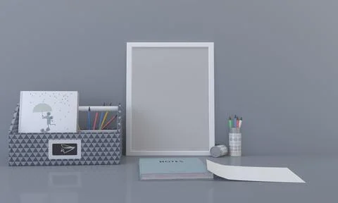 3D rendering of a kid creative desk with an empty frame, copybook, and pencil 스톡 일러스트