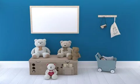 3D rendering of kids bedroom interior with an empty frame and cute bears Stock Illustration