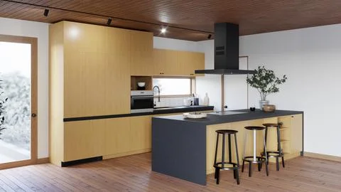 3d rendering of a kitchen with an island and black bar stools. Stock-Illustration