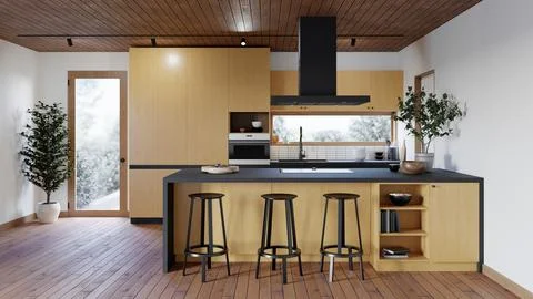 3d rendering of a kitchen with an island and black bar stools. Иллюстрация