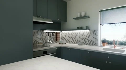 3D rendering of a kitchen with tall cabinets and kitchen utensils. 3d animation Video stock 235437316