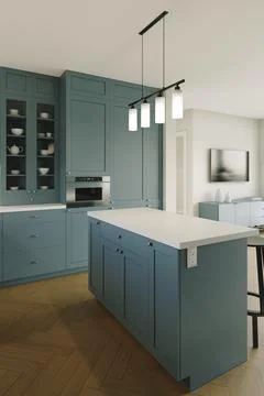 3D rendering of a kitchen with tall cabinets and kitchen utensils. Иллюстрация