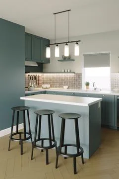 3D rendering of a kitchen with tall cabinets and kitchen utensils. Stock Illustration