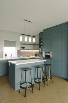 3D rendering of a kitchen with tall cabinets and kitchen utensils. 스톡 일러스트