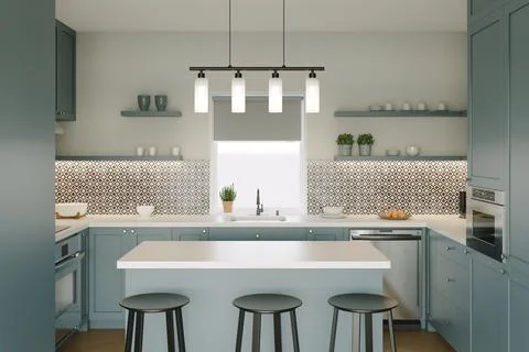 3D rendering of a kitchen with tall cabinets and kitchen utensils. 스톡 일러스트