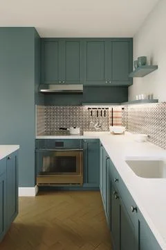 3D rendering of a kitchen with tall cabinets and kitchen utensils. Illustrazione stock