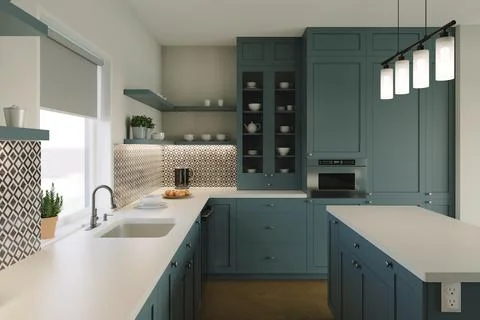 3D rendering of a kitchen with tall cabinets and kitchen utensils. 스톡 일러스트