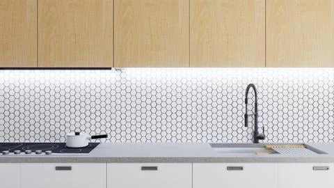 3D rendering of a kitchen with white fronts and wood paneling. Иллюстрация