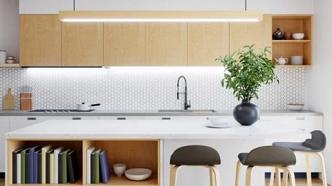 3d rendering of a kitchen with white fronts and wooden drawers. Stock Illustration