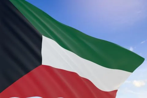 3D rendering of Kuwait flag waving on blue sky background Stock Illustration