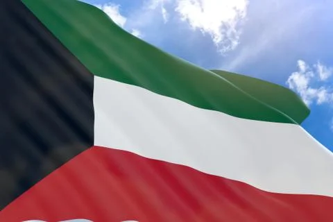 3D rendering of Kuwait flag waving on blue sky background Stock Photos