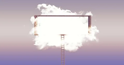 3D rendering of a ladder leading to a building hidden behind a cloud Illustrazione stock