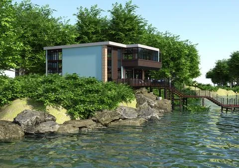 3D Rendering Lakeside House Ilustración de archivo
