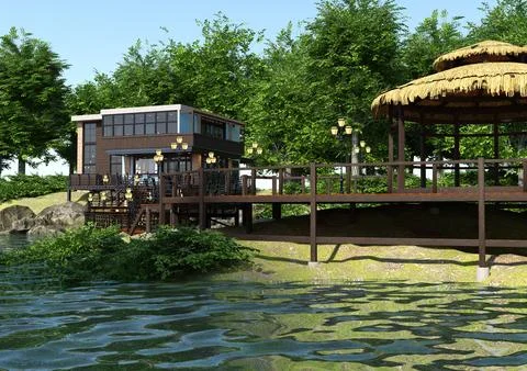 3D Rendering Lakeside House Ilustración de archivo