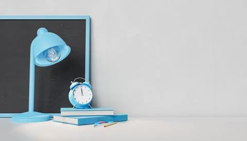 3D rendering of lamp and books on table Stock Illustration