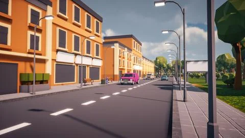 3D rendering Landscape of old town street created with computer low poly Stock Illustration