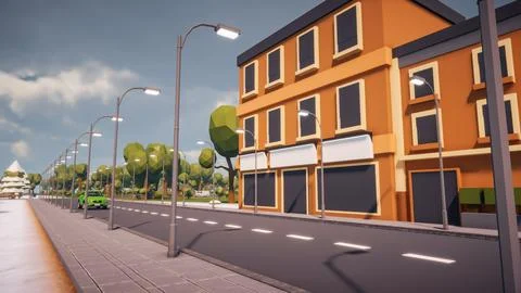 3D rendering Landscape of old town street created with computer low poly Stock Illustration