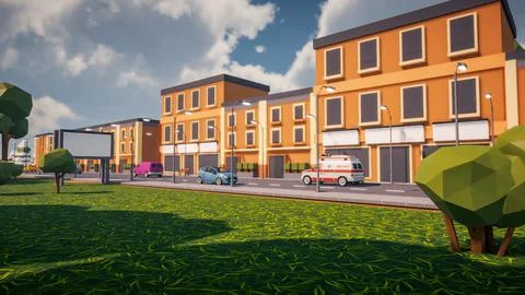 3D rendering Landscape of old town street created with computer low poly Stock Illustration