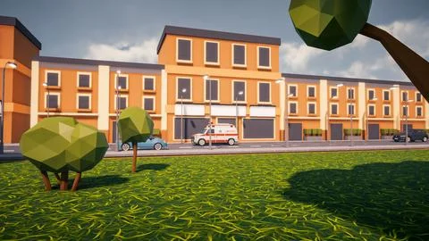 3D rendering Landscape of old town street created with computer low poly Stock Illustration