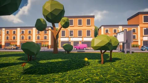 3D rendering Landscape of old town street created with computer low poly Illustrazione stock