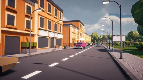 3D rendering Landscape of old town street created with computer low poly Stock Illustration