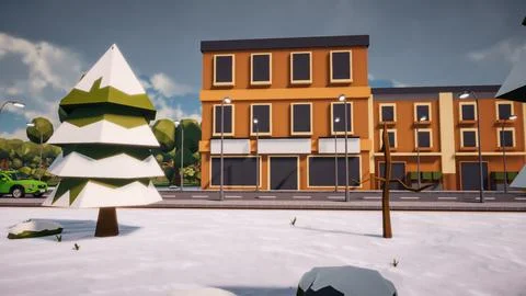 3D rendering Landscape of old town street created with computer low poly Stock Illustration