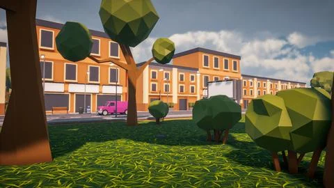 3D rendering Landscape of old town street created with computer low poly 库存插图