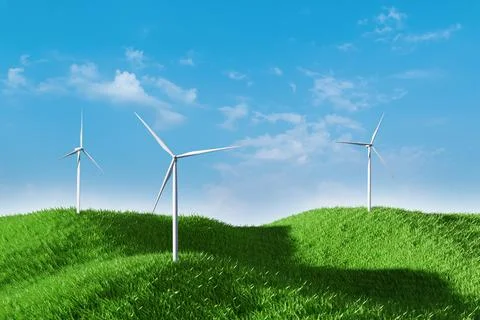 3d rendering. Landscape with wind turbine in green field over blue sky Stock Illustration