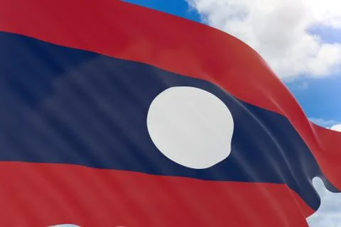 3D rendering of Laos flag waving on blue sky background Foto stock