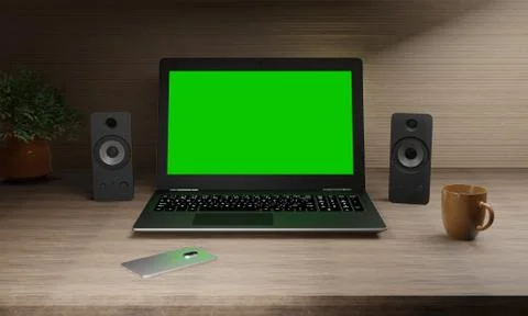 3D rendering laptop and coffee Desk Stock Illustration