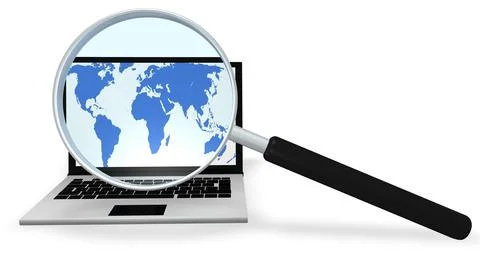 3D rendering of a laptop and a magnifying glass on a white background Illustrazione stock