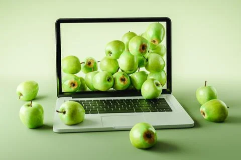 3d rendering of laptop with green apples Illustrazione stock