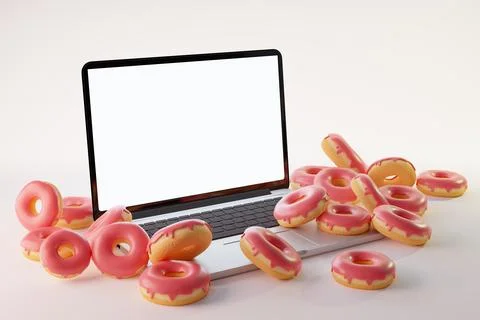3d rendering of laptop mock up with donuts placed on white background Ilustração Stock