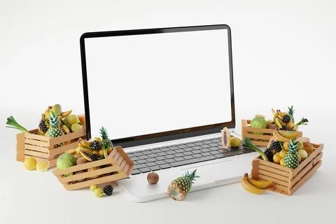 3d rendering of laptop mock up with healthy fruits placed on screen Stock Illustration