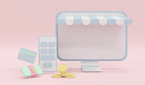 3D Rendering laptop with store facade, phone, a pack of dollar bill, credit.. Stock Illustration
