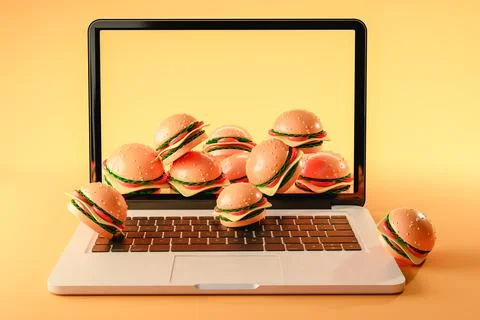 3d rendering of laptop with tasty burger with sesame placed around screen aga Stock Illustration