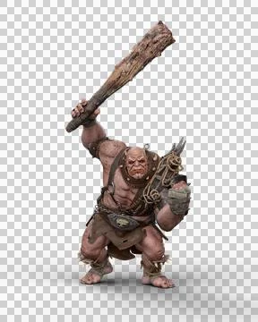 3D rendering of a large aggressive ogre in a battle pose with a huge club wea Stock Illustration