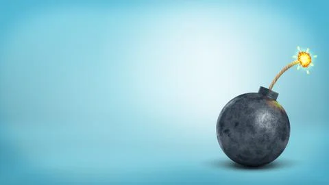 3d rendering of a large and old iron bomb stands on a blue background with a Stock Illustration