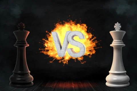 3d rendering of large black and white chess kings stand with flaming VS letters イラスト素材