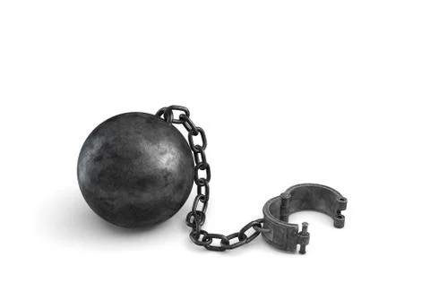 3d rendering of a large black ball and chain connected to an open cuff lying on Stock Illustration