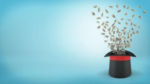 3d rendering of a large black illusionist's hat with many dollar bills flying Stock Illustration