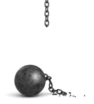 3d rendering of a large black iron ball lying down and a piece of its broken Stock Illustration