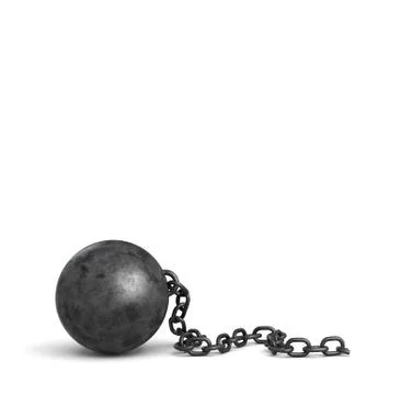 3d rendering of a large black iron ball lying down with a piece of its broken Stock Illustration