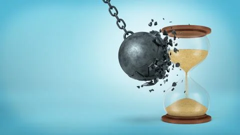 3d rendering of a large black iron wrecking ball breaks when collides with a Stock Photos