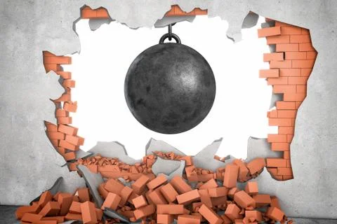 3d rendering of a large black wrecking ball hanging in a hole made in a brick Stock Illustration